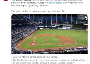 ‘화들짝’ MLB, 마이애미 선수단 감염자 다수 발생…’시즌 못 마칠수도’