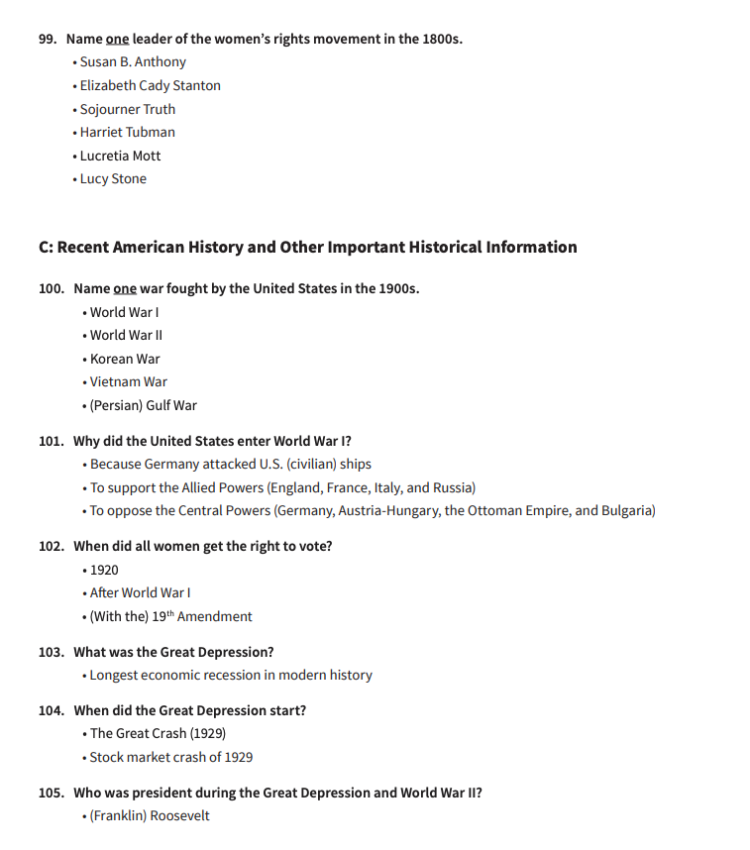 2020버전 시민권시험 전 문항 및 정답(2)…12월 1일부터 시행
