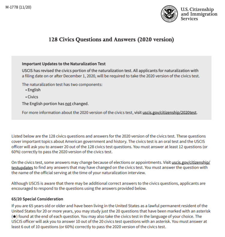새 시민권 시험 128개 전 문항 및 정답 공개(1)…12월 1일 적용