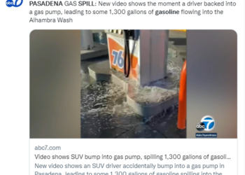 패사디나 SUV 주유펌프 충돌, 개솔린 대량유출 오염사태