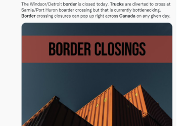 트럭들,미-캐나다 국경 봉쇄 점거 시위..공급망 타격