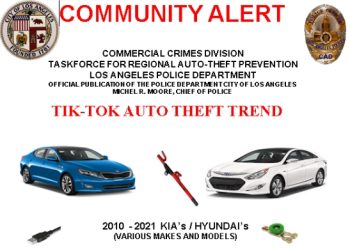 LA시 도난차량 5대중 1대 현대∙기아차…LAPD, 현대기아차 도난주의보 발령