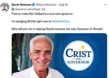 뉴섬, “플로리다 드산티스 연임 막아야”…민주후보에 10만달러