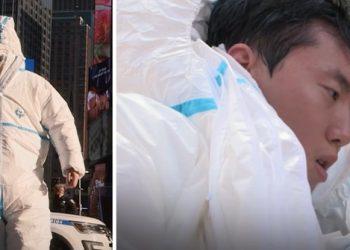 방호복 27벌 껴입고 타임스퀘어 등장한 중국인