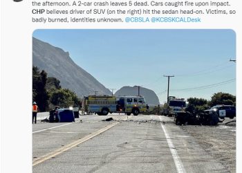 1번 프리웨이 차량 2대 정면충돌 화재, 5명 사망..신원 확인 못해