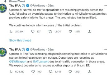 전국 항공운항 마비 초유사태..FAA 전산오류 추정,  2만1000편 지연 대혼란