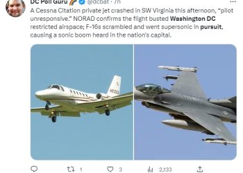DC 상공 의문의 F-16 추격전, 경비행기 추락 4명 사망..주민들 공포