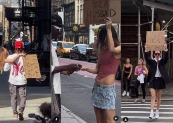 ‘신랑감 구해요’ 유명모델 팻말 들고 뉴욕 거리 활보