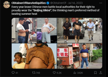 올챙이 배 드러낸 남성들 … “베이징 비키니” 경악