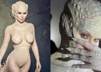 알비노 악어 변신 … 킴 카다시안, 충격적 의상 선보여