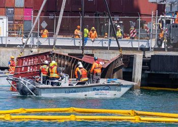 롱비치항 여전히 아수라장 … 컨테이너 일주일째 인양 중(영상)